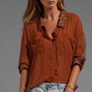 Free People Easy Rider Rust Printed Button Down Blouse Boho Sheer Indie Medium
